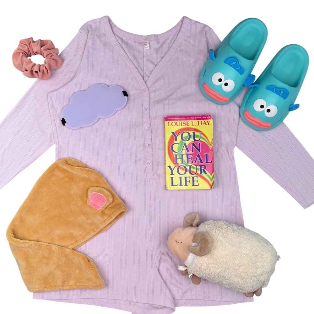 Bedtime 7Pc Self Care Bundle - Joe Fresh Pink Rompere 1X Slippers Mask Kidcore